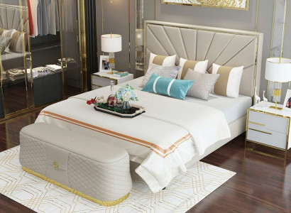 Designer Bedroom Bed Leather 2pcs. Complete Set Stool Beds Hotel Luxury